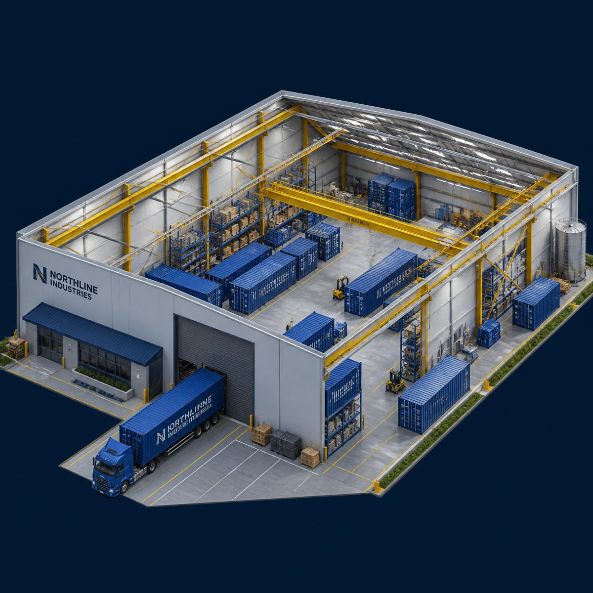 Bodega industrial moderna con vigas amarillas y contenedores azules